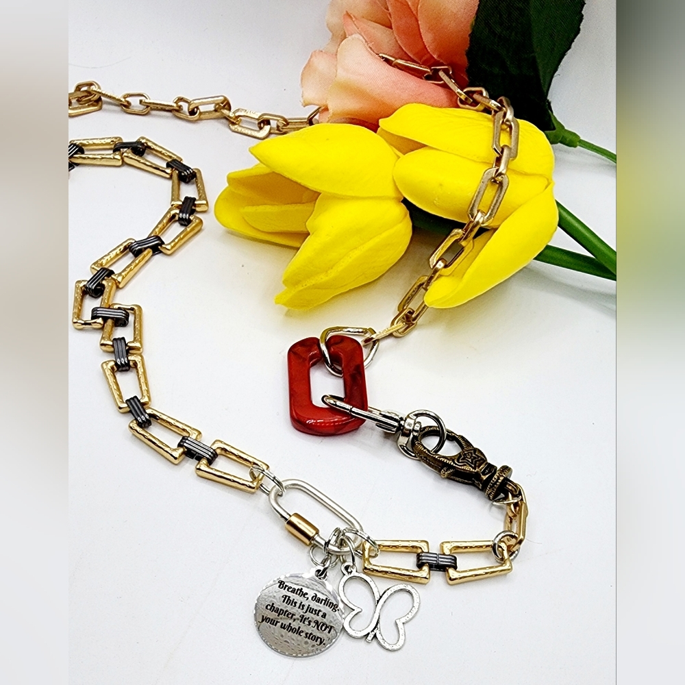 Gold and Silver Chain Necklace,quote Charm, Red Acrylic Link